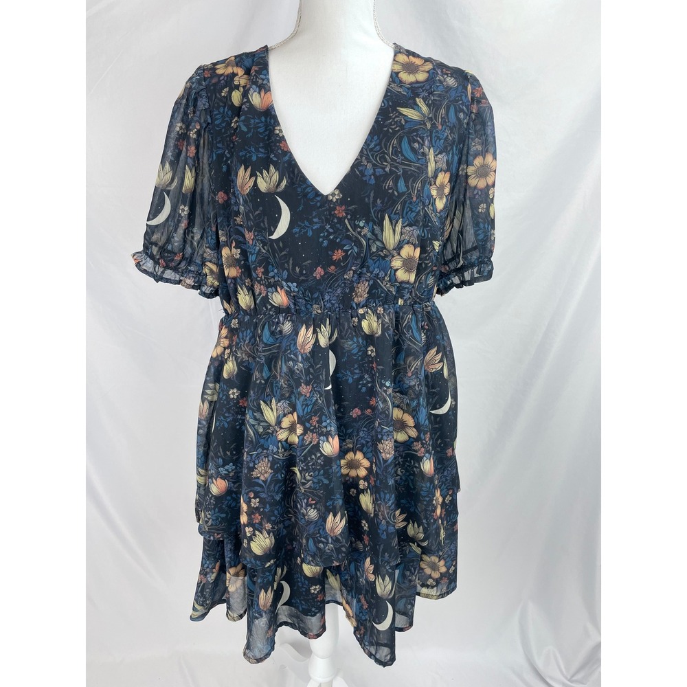 Disturbia Dress Women US 12 Blue Black Moon Short Sleeves Goth Witchy Whimsigoth